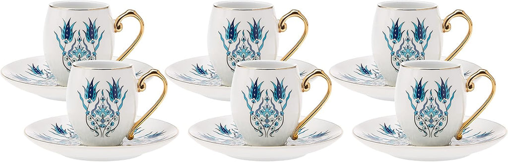 Karaca Iznik Çini Porcelain Espresso Turkish Coffee Cup Set of 6, 12 Piece, 90ml, White Multi