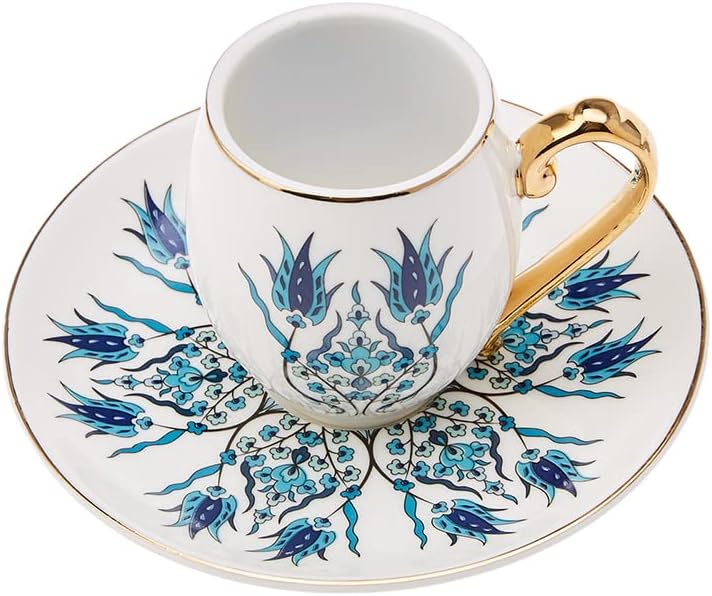 Karaca Iznik Çini Porcelain Espresso Turkish Coffee Cup Set of 6, 12 Piece, 90ml, White Multi