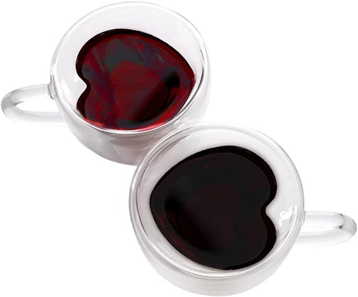 Double Walled Glass Coffee Mugs, 8.5oz/250ml Insulated Espresso Cups, Set of 2 (Heart Shape)