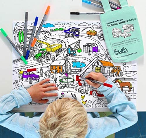 eatsleepdoodle Cars, Trucks and Tractors placemat in its own Cotton Carry Bag to Color in, Fun Educational Working Vehicle Design to Personalize, Washable Felt tip Fabric Markers Included