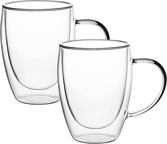 Double Walled Glass Coffee Mugs 11.8oz / 350ml, Large Insulated Espresso Cups ,  (Set of 2) (Regular Shape 250 ml)