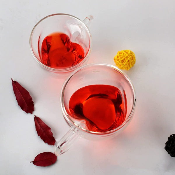 Double Walled Glass Coffee Mugs, 8.5oz/250ml Insulated Espresso Cups, Set of 2 (Heart Shape)