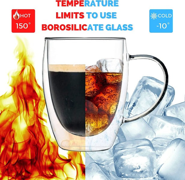 Double Walled Glass Coffee Mugs 11.8oz / 350ml, Large Insulated Espresso Cups ,  (Set of 2) (Regular Shape 250 ml)