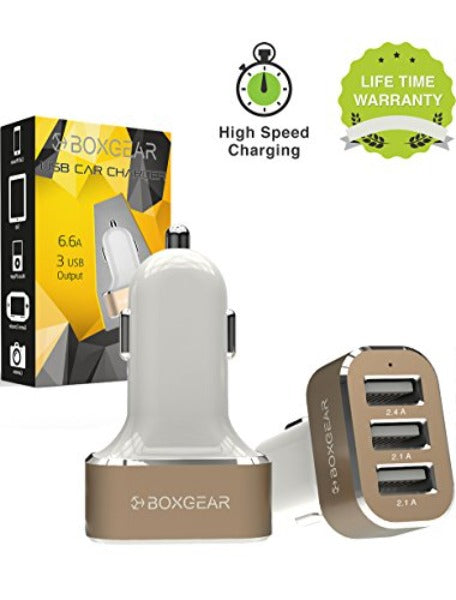 3 USB PORT CAR CHARGER, BOXGEAR {6.6A} RAPID CHARGER TRI-PORT USB FAST CHARGER FOR IPHONE, SAMSUNG GALAXY, HTC ONE, IPAD, IPOD, AND ALL OTHER USB PLUGS - WHITE/GOLD