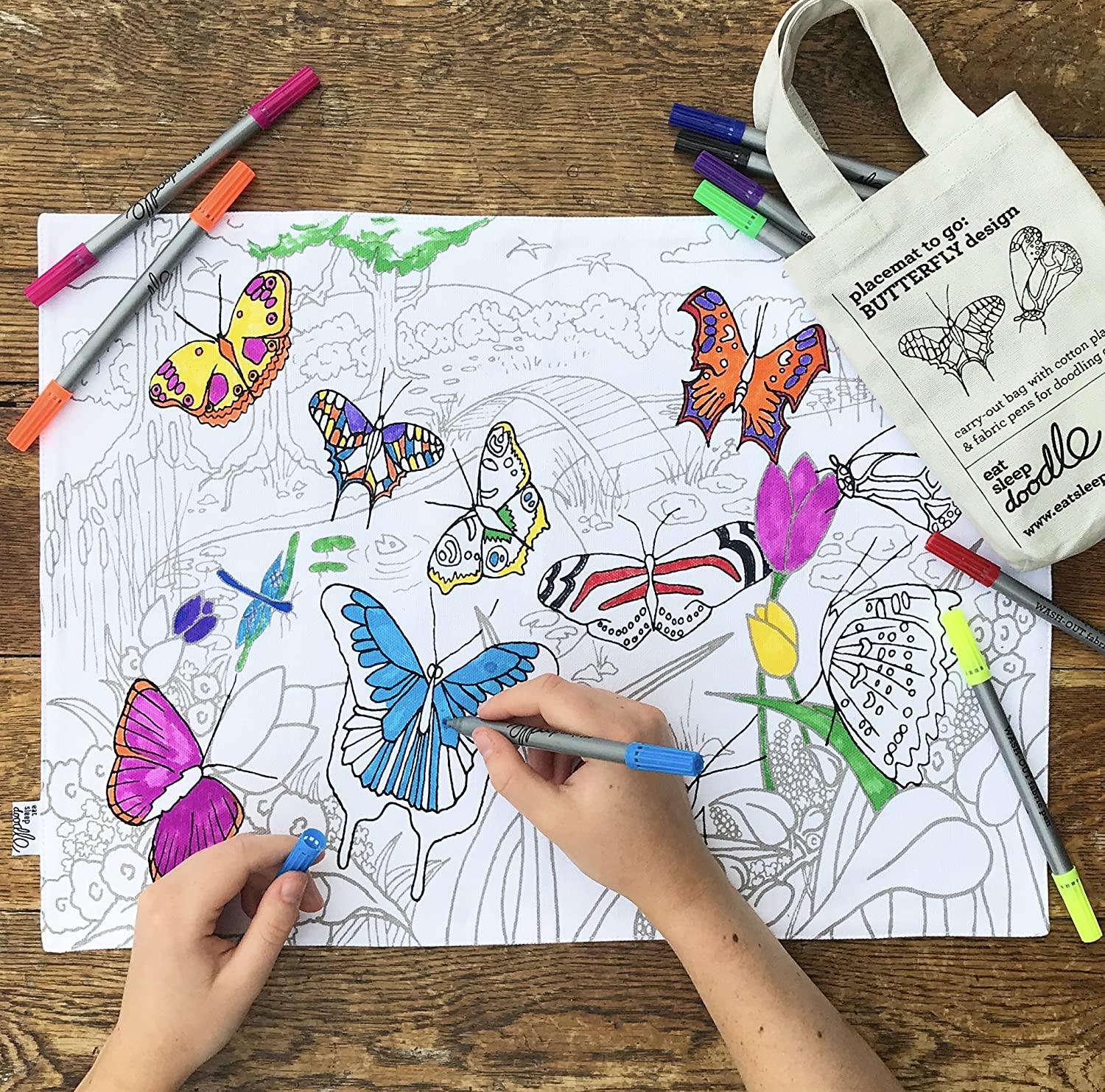 eatsleepdoodle Butterfly Placemat in Its Own Cotton Carry Bag to Color in, Fun Educational Butterflies of The World Design to Personalize, Washable Felt Tip Fabric Markers Included