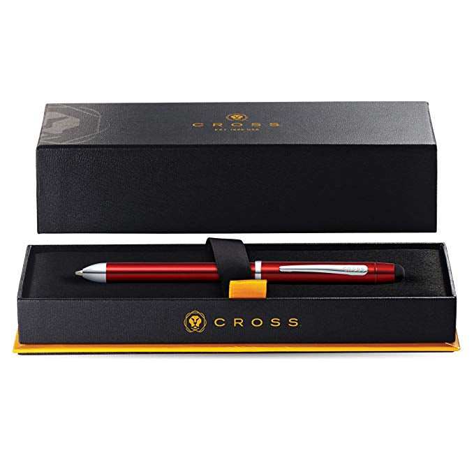 Cross Tech3+ Translucent Red Lacquer Multi-Function Pen with Chrome-Plated Appointments, Stylus, and 0.5mm Lead
