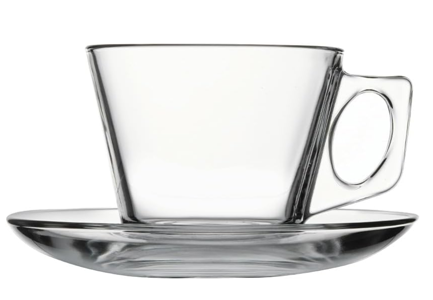 Pasabahce Vela Glass Tea Cup Set with Plates - Set of 6, Clear
