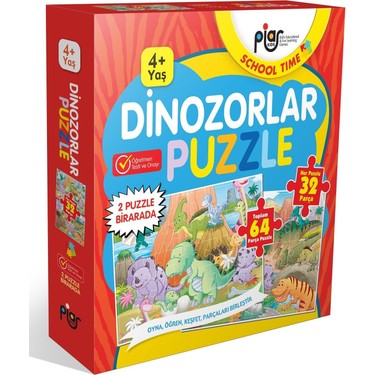 Piar Kids / Dinozorlar Puzzle / 64 Parça Puzzle / 2 Puzzle Bir Arada / 4+ Yaş