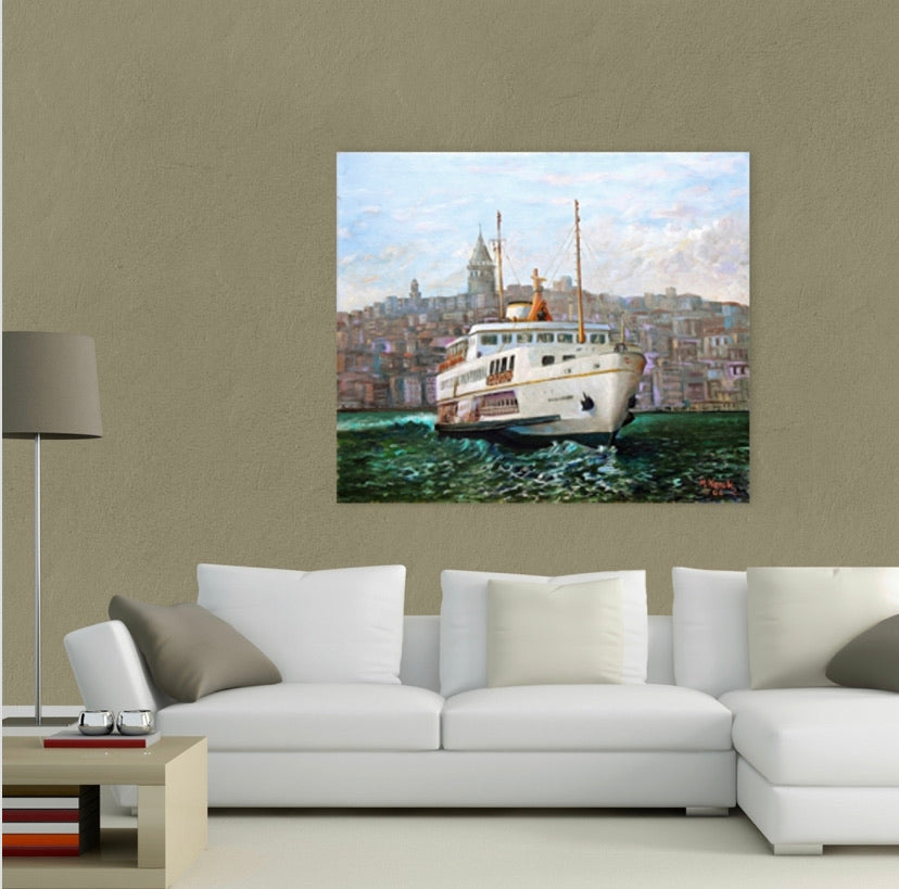 Galata Kulesi ve Vapur Kanvas Tablo 90cm-70cm